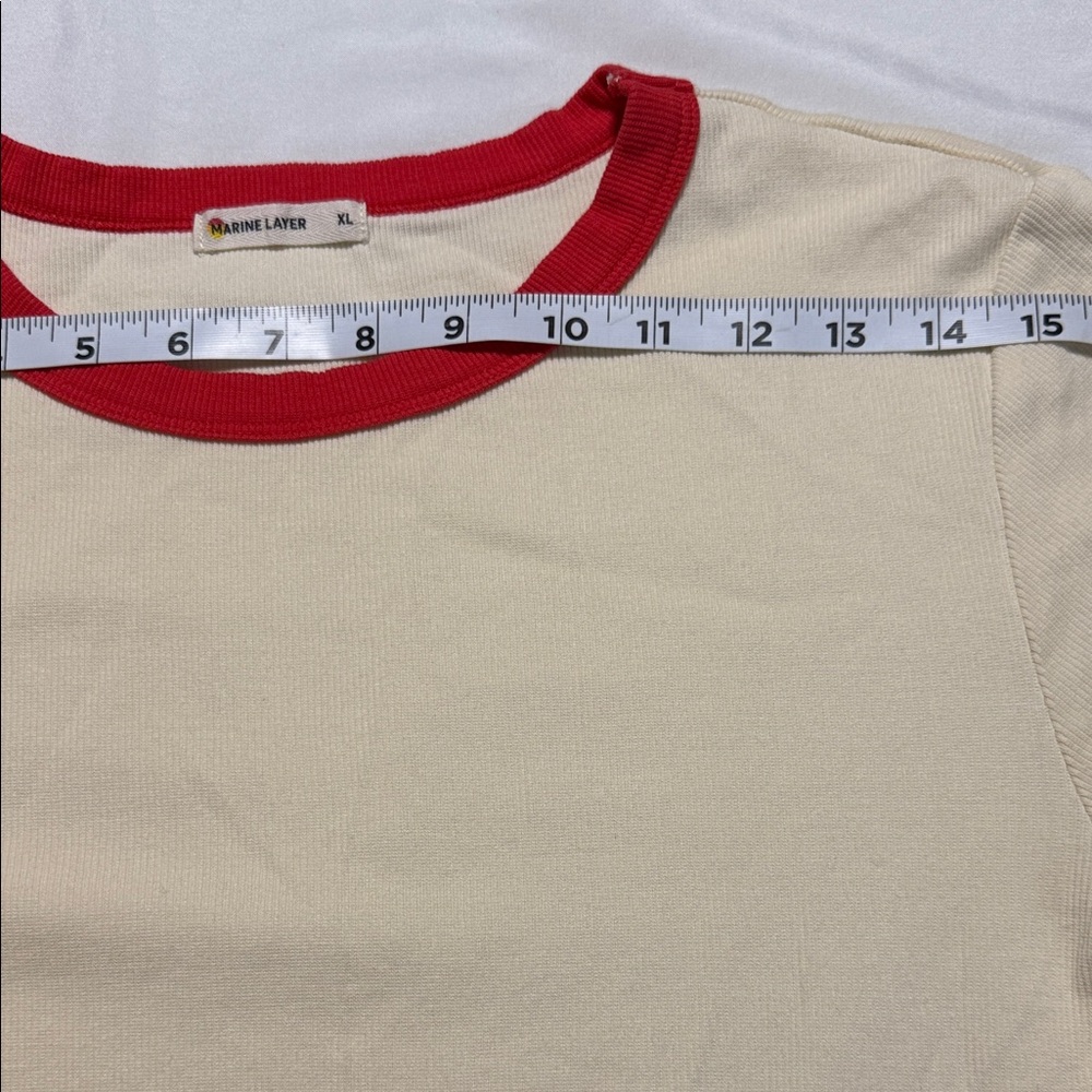 Marine Layer Lexi Rib Sun In Crewneck Ringer Tee in Cream and Hibiscus Red trim - Picture 9 of 11